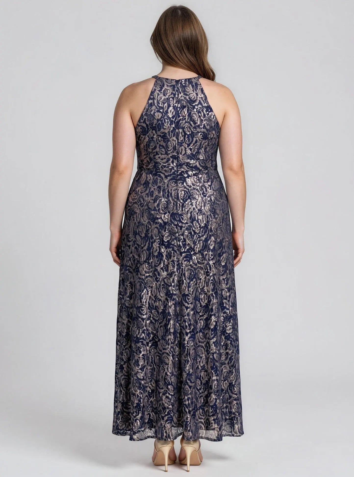 Plus Size Metallic Floral Print Sleeveless Gown Betsy & Adam 
