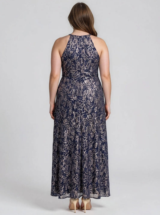 Plus Size Metallic Floral Print Sleeveless Gown Betsy & Adam 