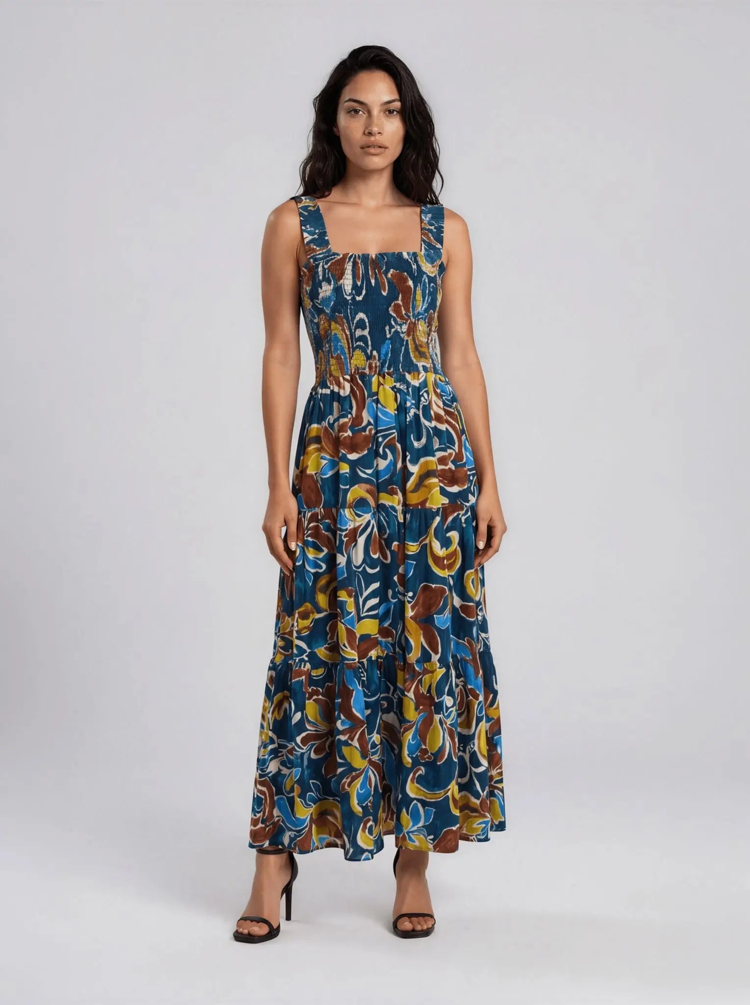 Plus Size Printed Smocked Cotton Sleeveless Maxi Dress - Layalita