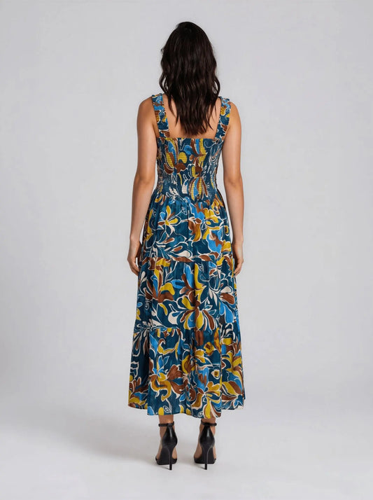 Plus Size Printed Smocked Cotton Sleeveless Maxi Dress - Layalita