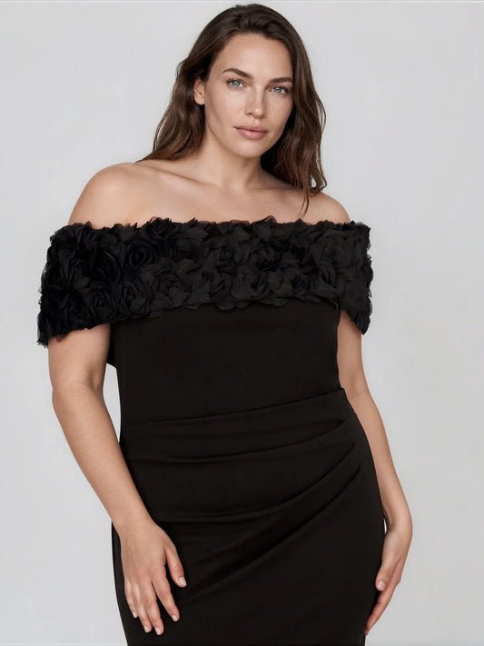 Plus Size Rosette - Trim Off - The - Shoulder Evening Gown - Layalita