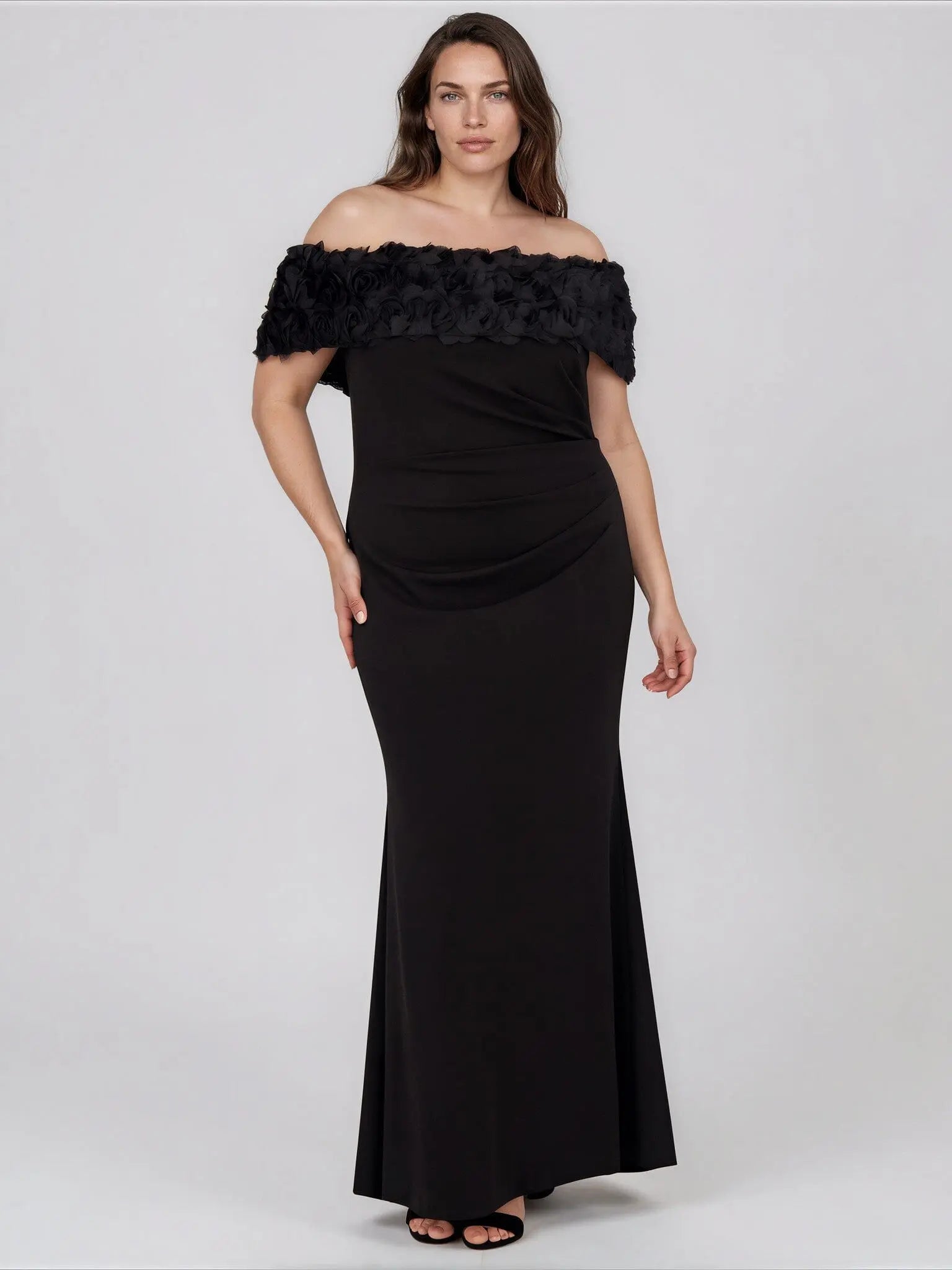 Plus Size Rosette - Trim Off - The - Shoulder Evening Gown - Layalita