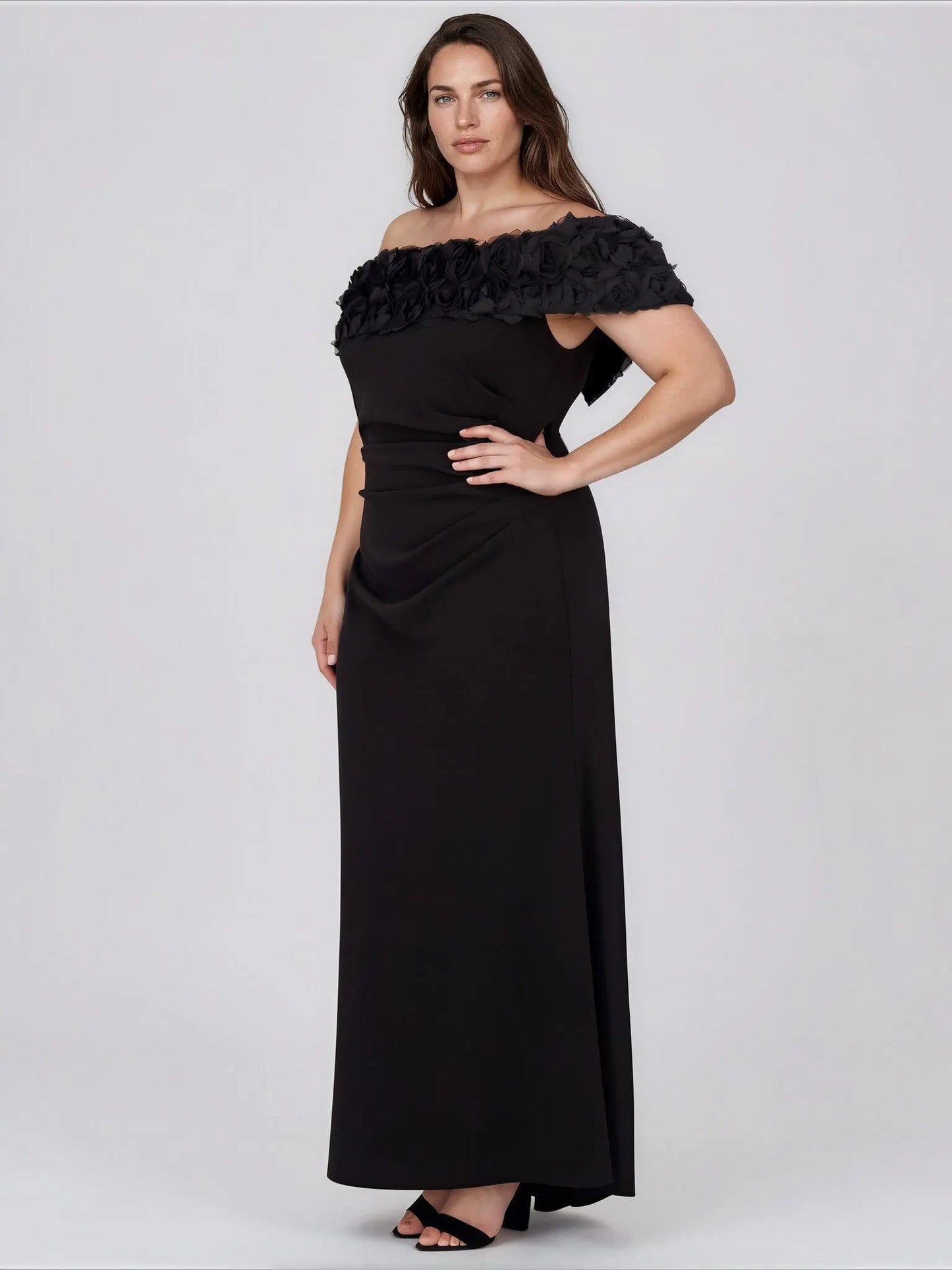 Plus Size Rosette - Trim Off - The - Shoulder Evening Gown - Layalita