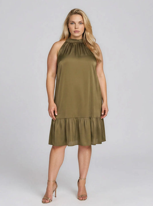 Plus Size Satin Mock-Neck A-Line Dress - Layalita