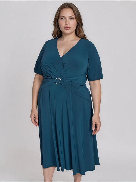 Plus Size V-Neck Jersey Midi Dress - Layalita
