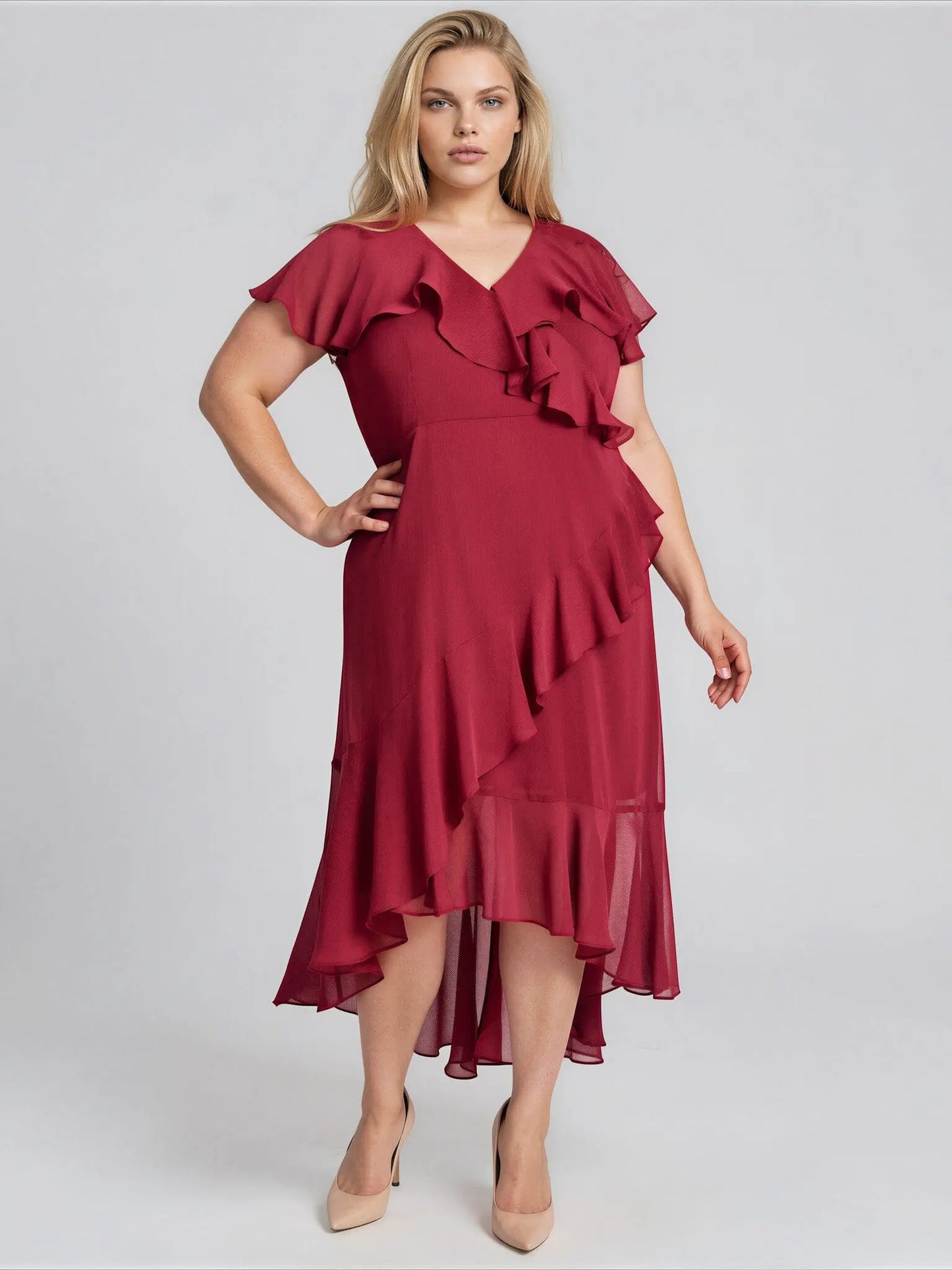 Plus Size V - Neck Ruffled High - Low Hem Dress - Layalita