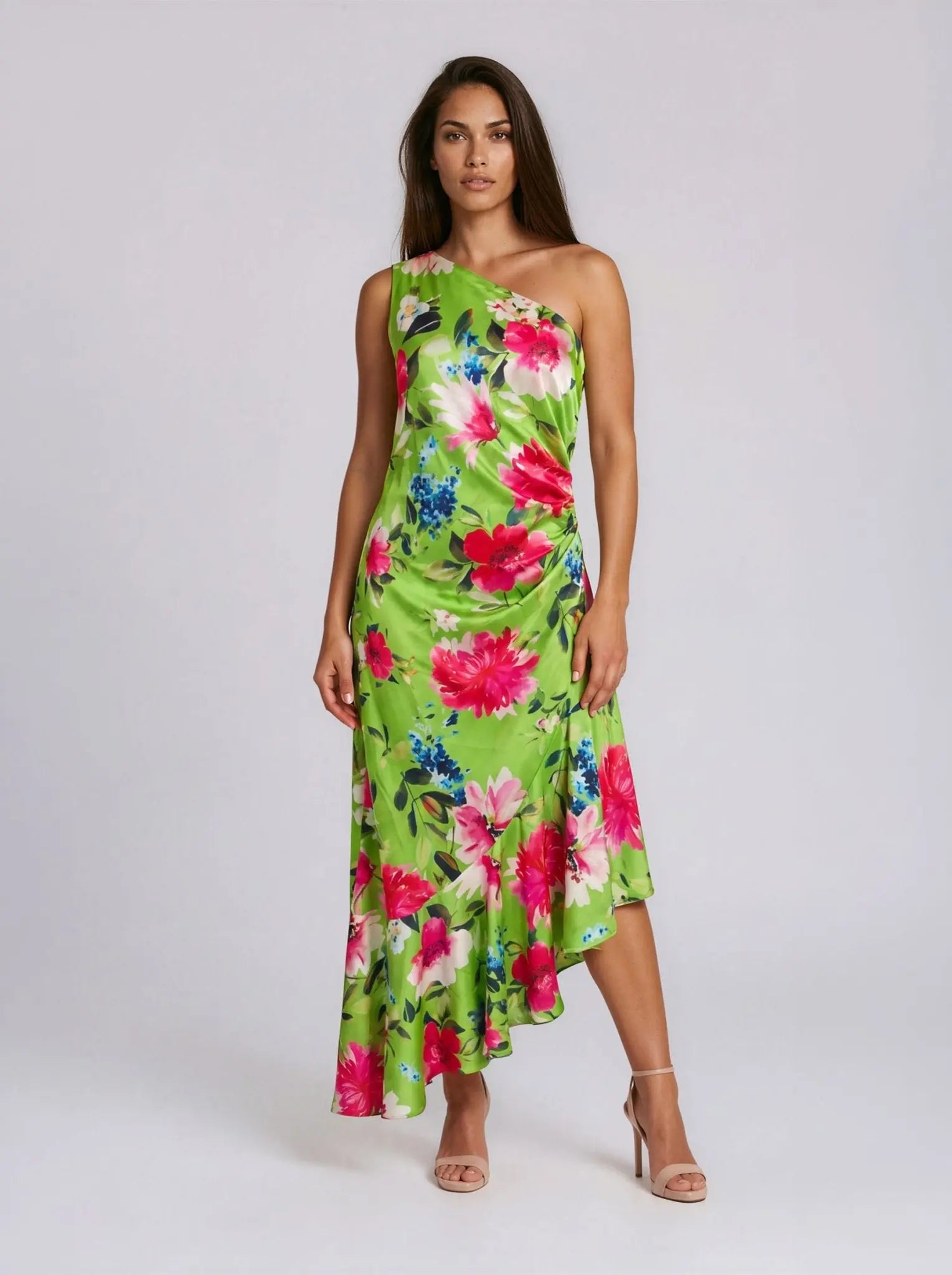 Printed Asymmetric One-Shoulder Midi Dress - Layalita