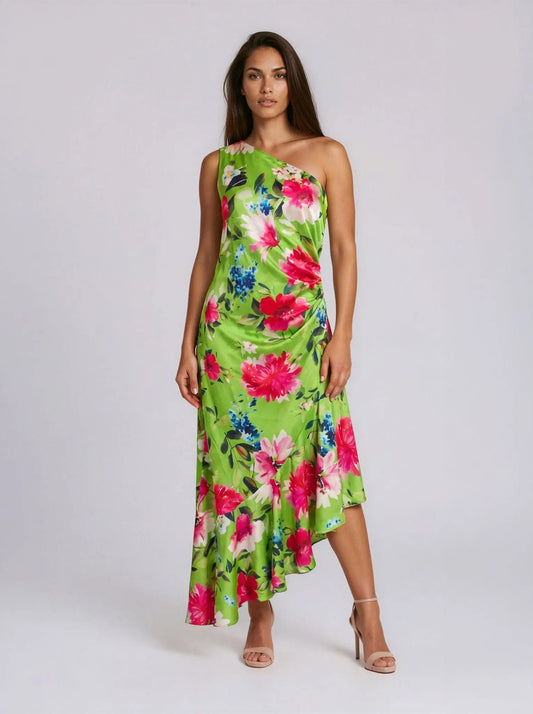 Printed Asymmetric One-Shoulder Midi Dress - Layalita