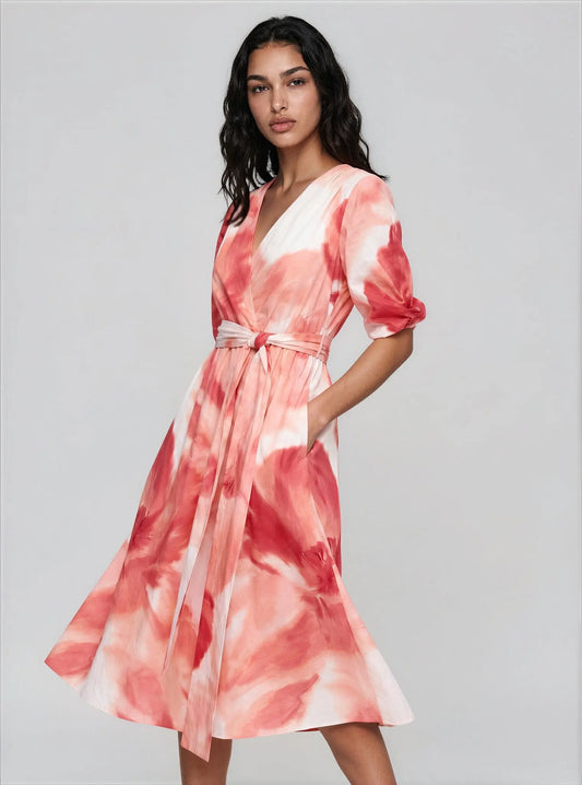 Printed Cotton Puff-Sleeve Fit & Flare Dress DKNY 
