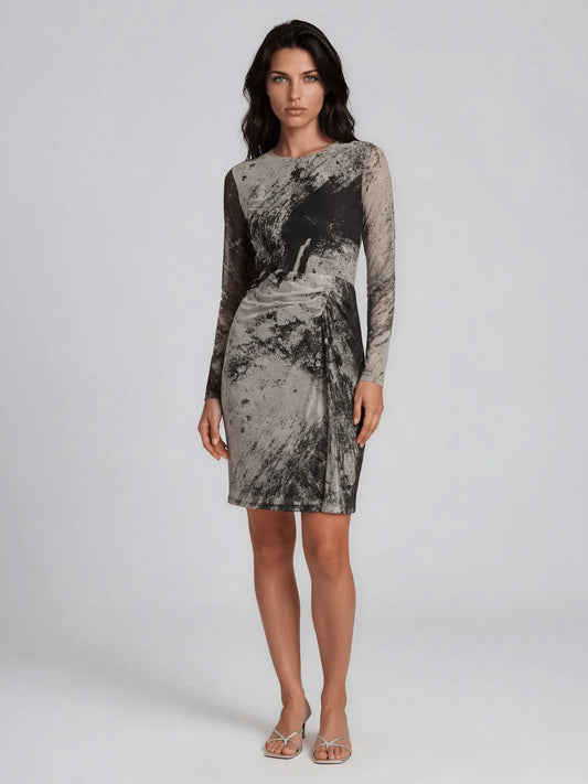 Printed Long-Sleeve Side-Ruched Dress - Layalita