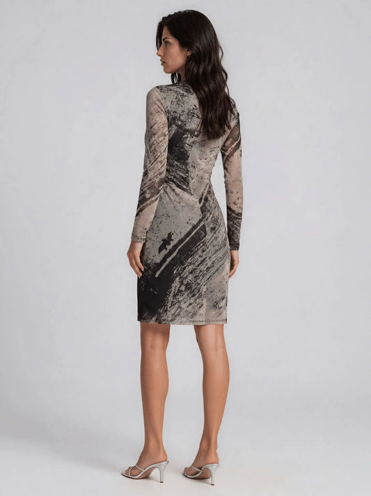 Printed Long-Sleeve Side-Ruched Dress - Layalita