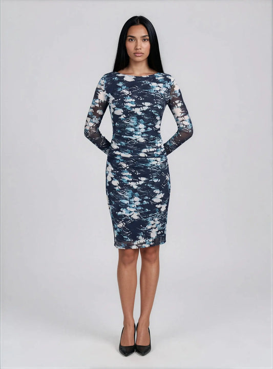 Printed Mesh Long-Sleeve Sheath Dress - Layalita