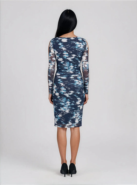 Printed Mesh Long-Sleeve Sheath Dress - Layalita