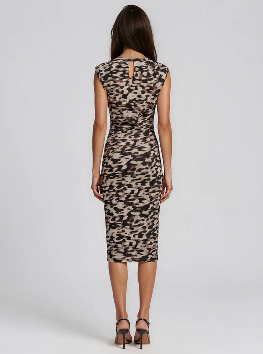 Printed Mesh Ruched Bodycon Midi Dress - Layalita