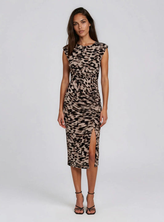 Printed Mesh Ruched Bodycon Midi Dress - Layalita