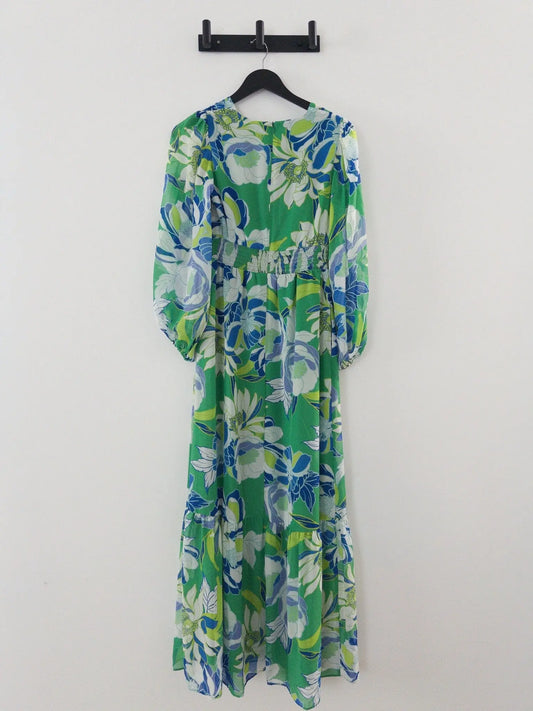 Printed Puff - Sleeve V - Neck Maxi Dress - Layalita