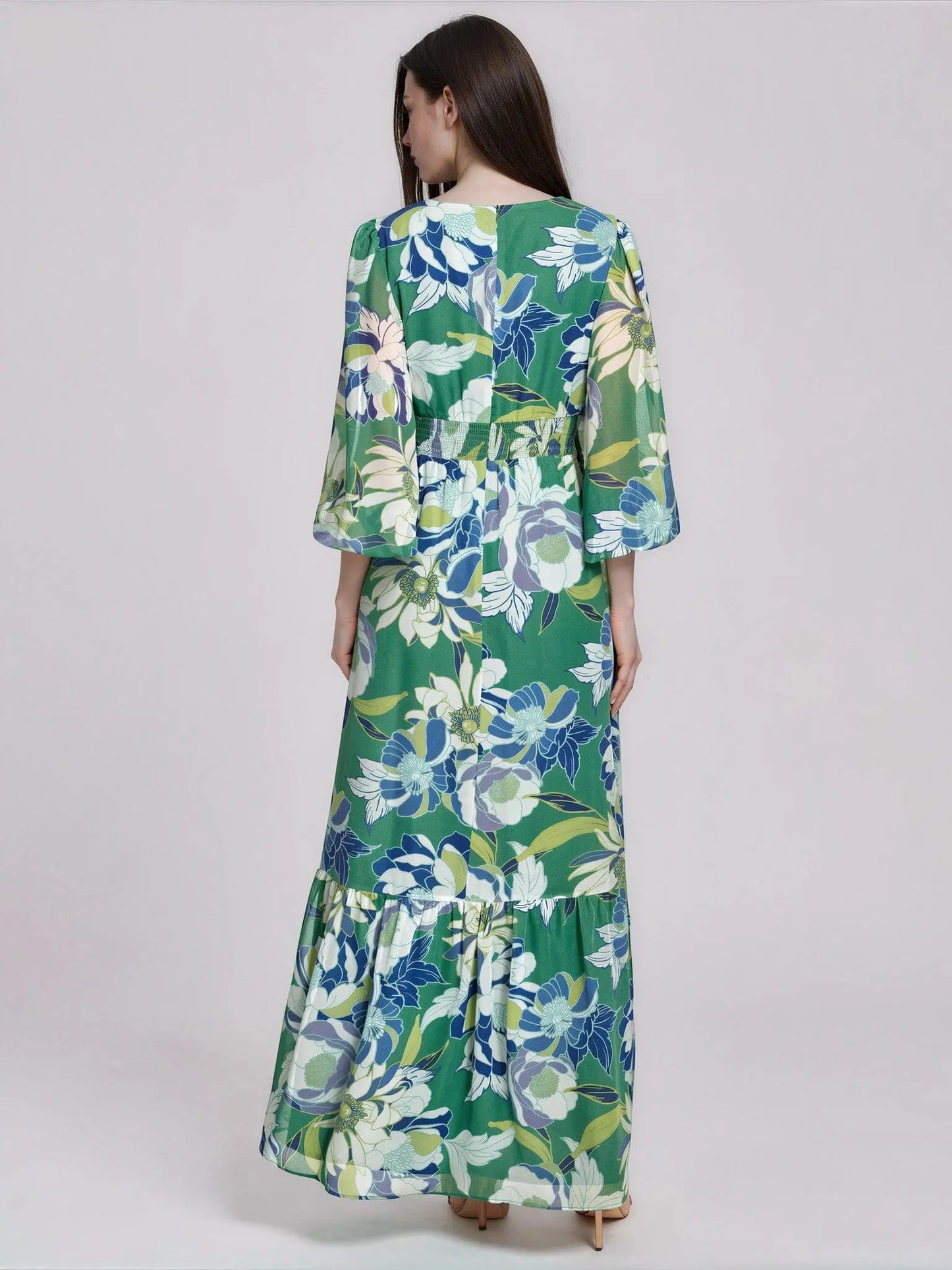 Printed Puff - Sleeve V - Neck Maxi Dress - Layalita
