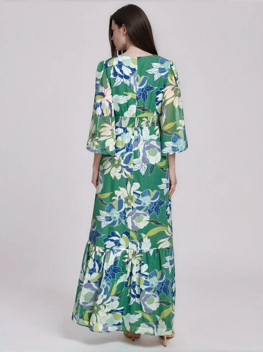 Printed Puff - Sleeve V - Neck Maxi Dress - Layalita