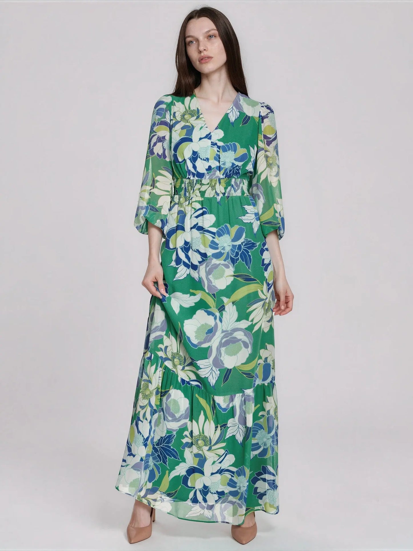 Printed Puff - Sleeve V - Neck Maxi Dress - Layalita