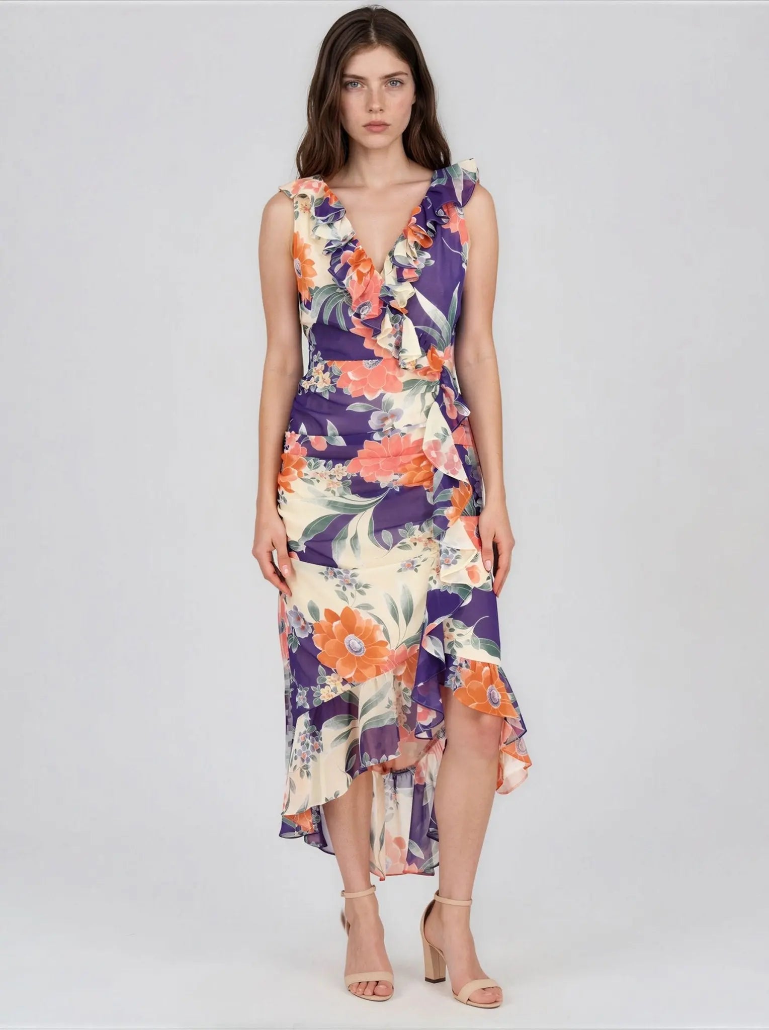 Printed Ruffled High - Low Maxi Dress - Layalita