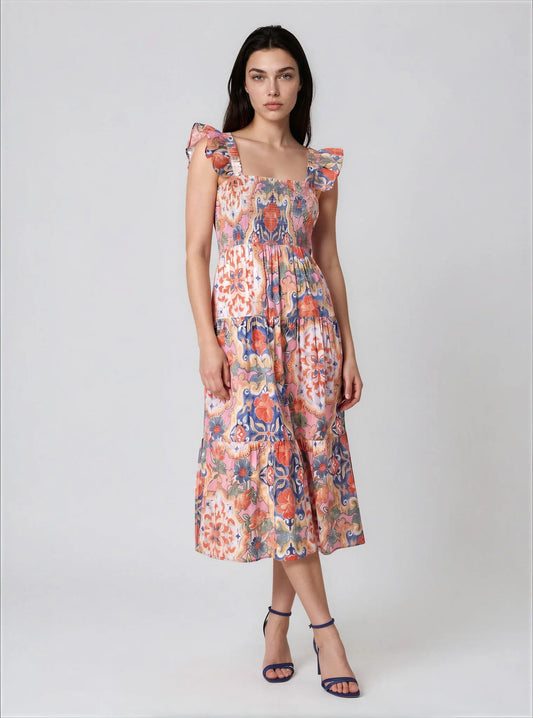 Printed Square-Neck Ruffle-Strap Dress - Layalita