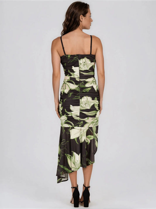 Printed Stretch - Mesh Asymmetric Midi Dress - Layalita