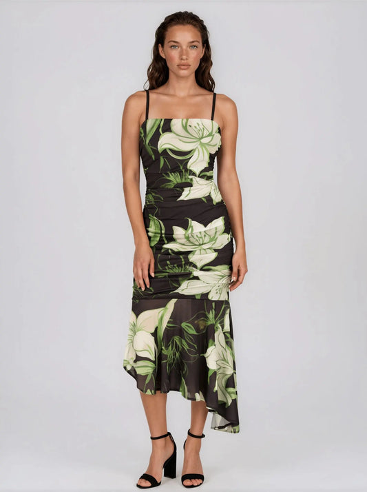 Printed Stretch - Mesh Asymmetric Midi Dress - Layalita