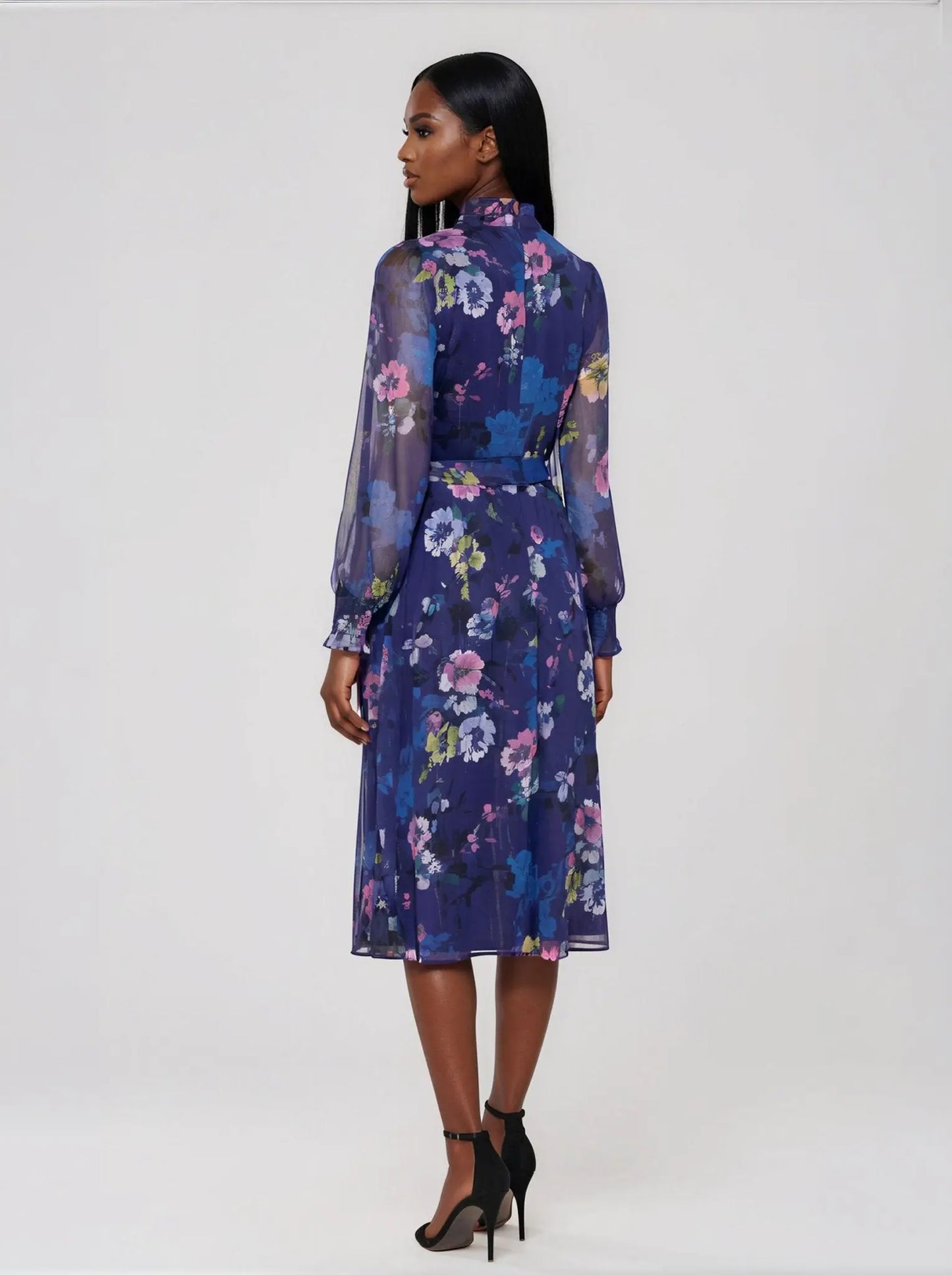 Printed Tie - Waist Long - Sleeve Dress - Layalita