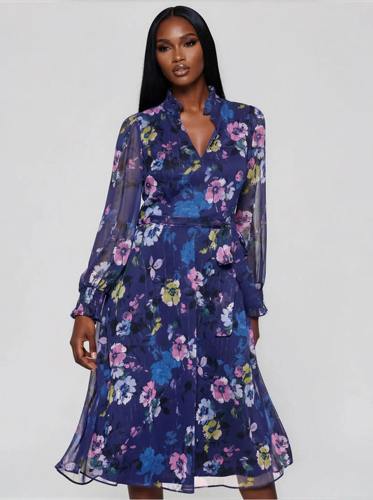 Printed Tie - Waist Long - Sleeve Dress - Layalita