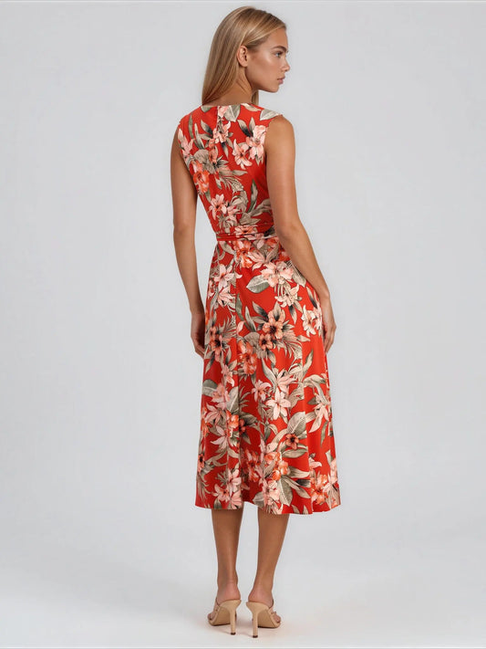 Printed Tie - Waist Midi Dress - Layalita
