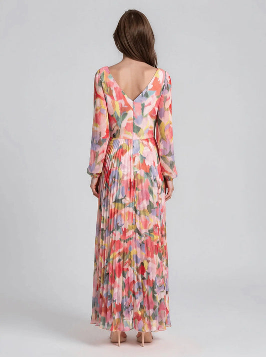 Printed V-Neck Long-Sleeve Dress - Layalita