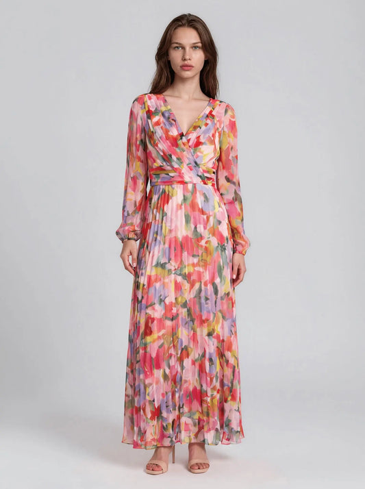Printed V-Neck Long-Sleeve Dress - Layalita