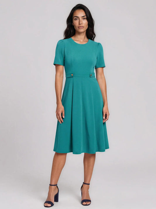 Puff-Sleeve Tab-Detail Fit & Flare Dress - Layalita