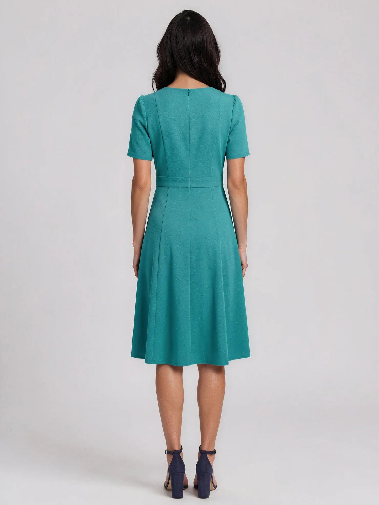 Puff-Sleeve Tab-Detail Fit & Flare Dress - Layalita