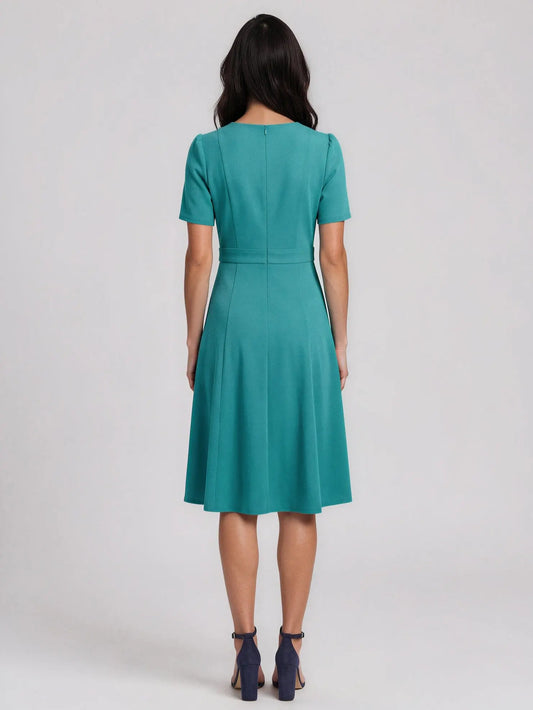 Puff-Sleeve Tab-Detail Fit & Flare Dress - Layalita