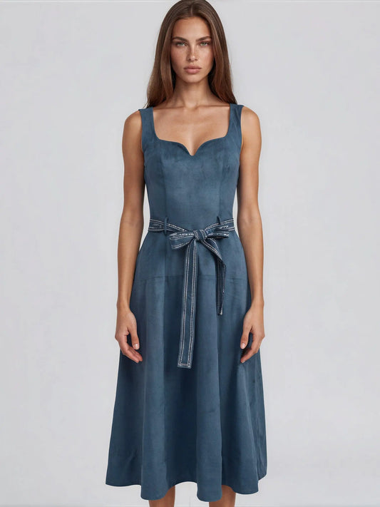 Robin Faux - Suede Tie - Waist Midi Dress - Layalita