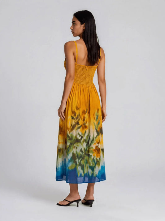 Ruched-Bodice Border-Print Midi Dress - Layalita