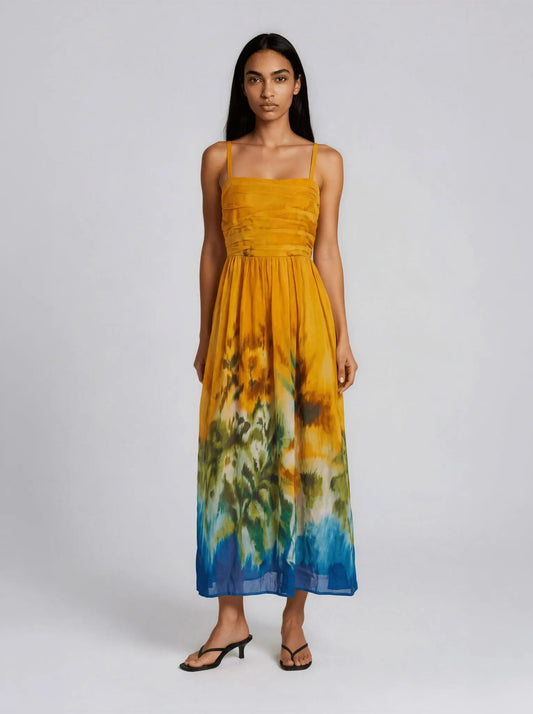 Ruched-Bodice Border-Print Midi Dress - Layalita