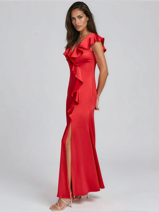 Ruffle - V - Neck Sleeveless Gown - Layalita