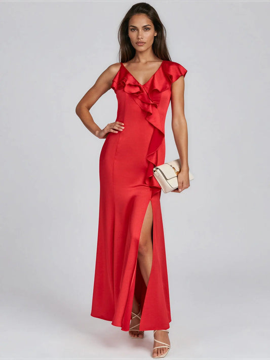 Ruffle - V - Neck Sleeveless Gown - Layalita