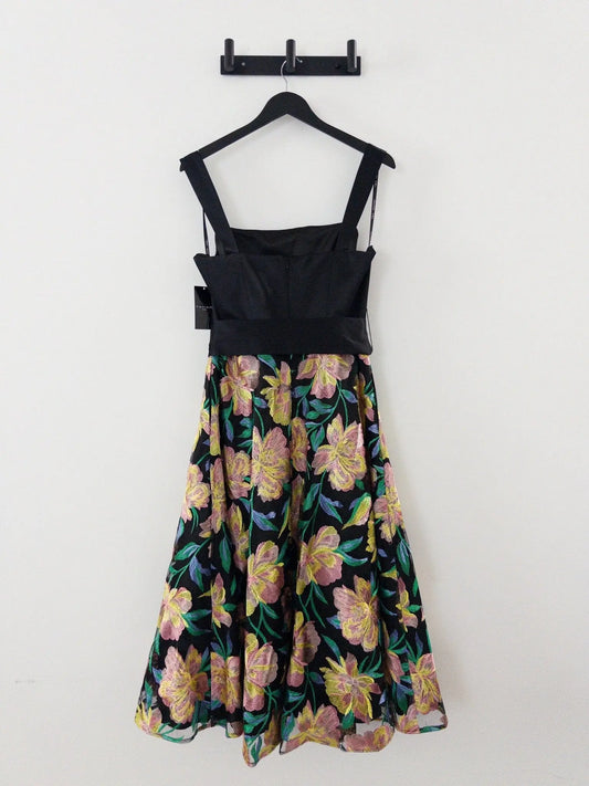 Satin Tie-Waist Floral-Embroidered Dress Tahari 