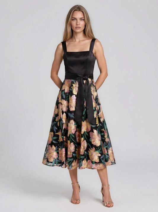 Satin Tie-Waist Floral-Embroidered Dress - Layalita
