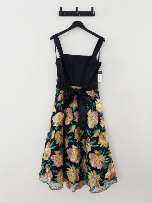 Satin Tie-Waist Floral-Embroidered Dress Tahari 