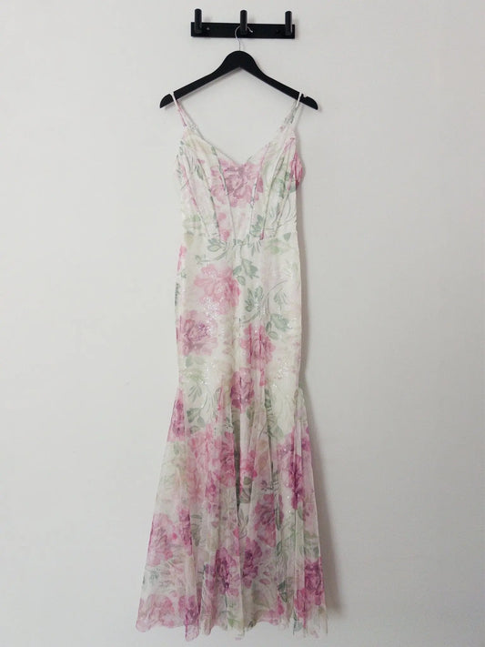 Sequin Floral Print Sleeveless Gown Betsy & Adam 