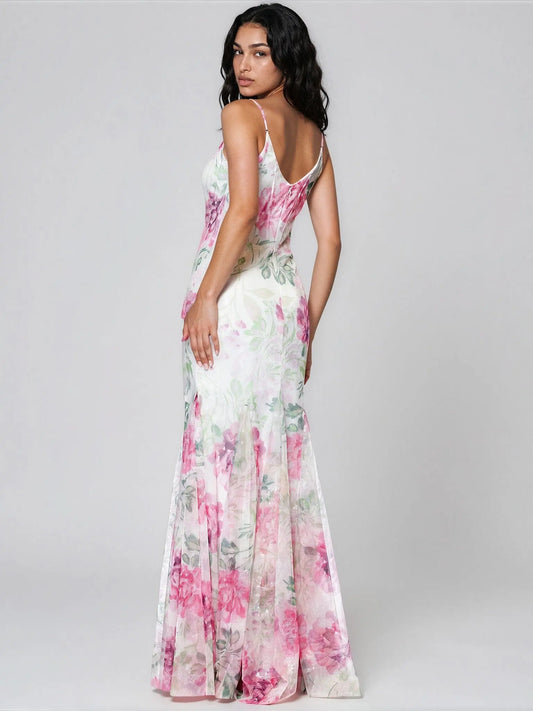 Sequin Floral Print Sleeveless Gown Betsy & Adam 