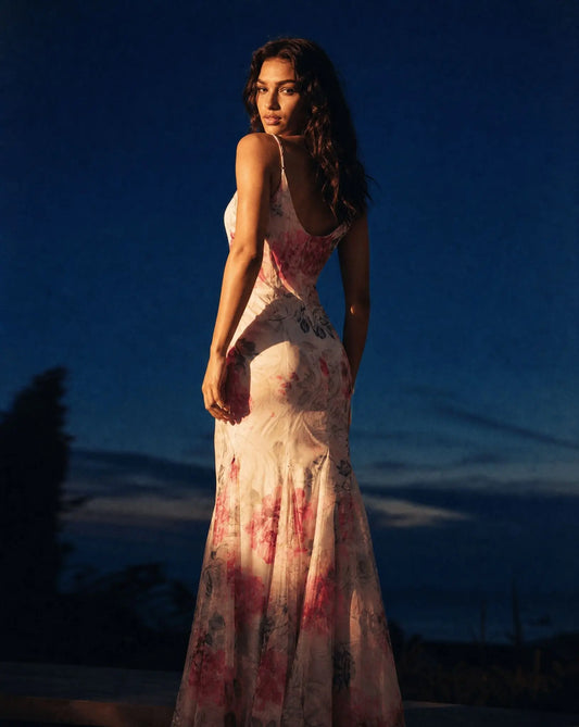 Sequin Floral Print Sleeveless Gown - Layalita