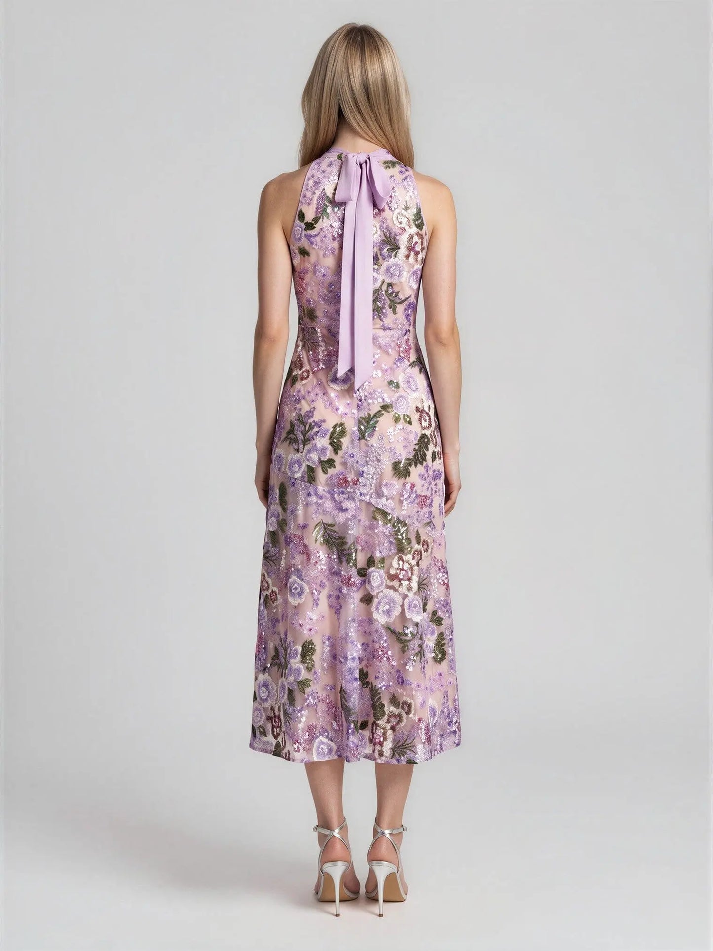 Sequined High-Neck Halter Tie-Back Dress - Layalita