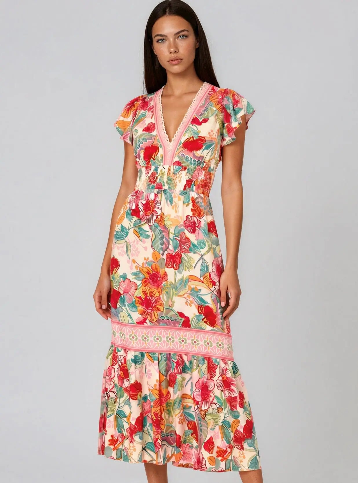 Smocked-Waist Flutter-Sleeve Dress - Layalita