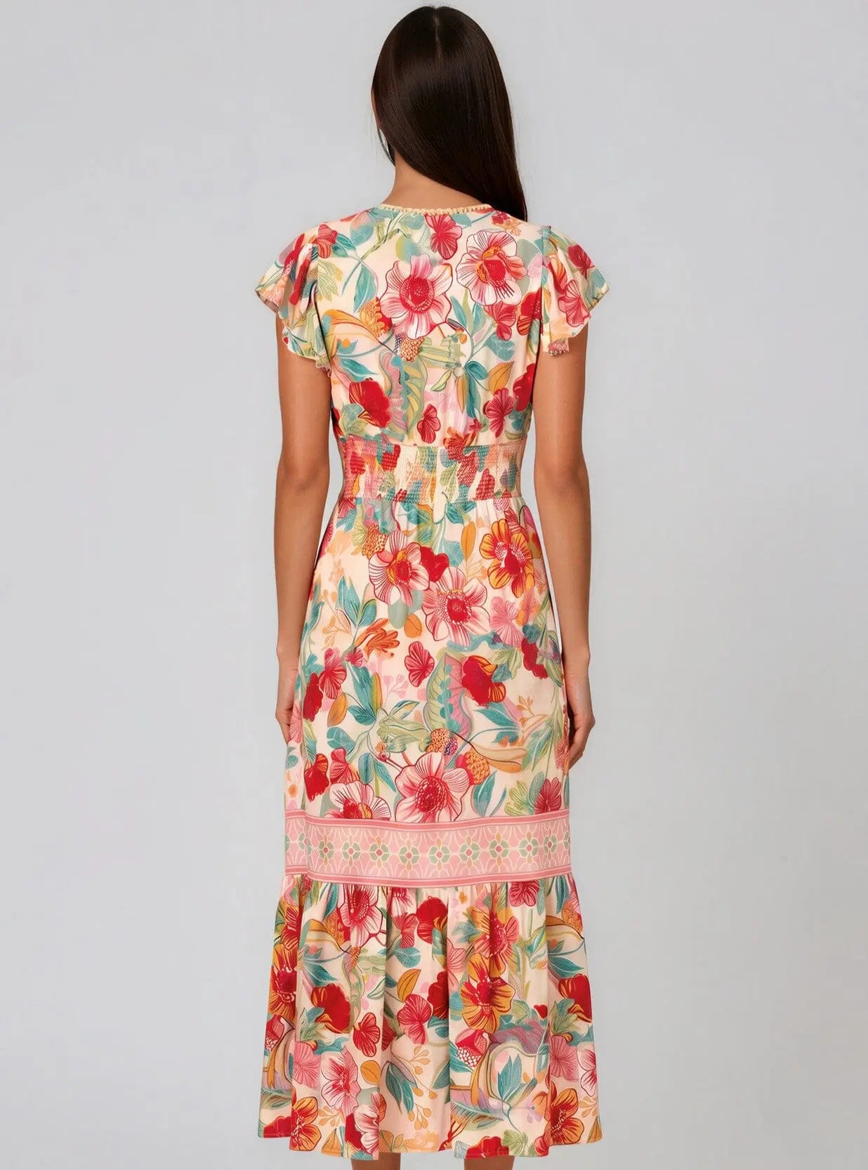 Smocked-Waist Flutter-Sleeve Dress - Layalita