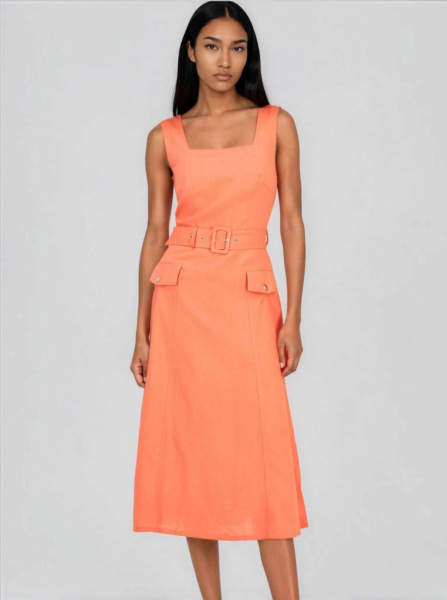 Sqaure - Neck Belted Midi Dress - Layalita